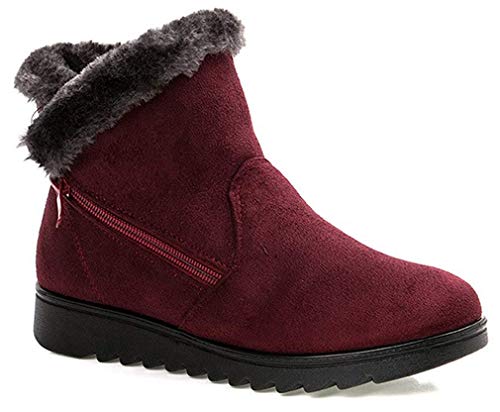 2019 Zapatos Invierno Mujer Botas de Nieve Casual Calzado Piel Forradas Calientes Planas Outdoor Boots Antideslizante Zapatillas para Mujer (42 EU, Rojo)