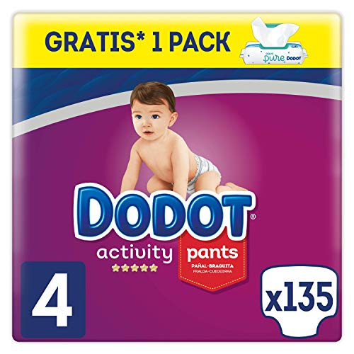 Dodot Activity Pants - Pañal-Braguita, 9-15kg + Dodot Aqua Pure Toallitas para bebé, 1 Pack de 48 Toallitas Gratis, Talla 4, 135 Pañales
