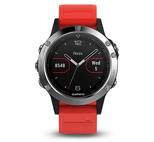 Garmin Fenix 5 - Reloj multideporte,con GPS y medidor de frecuencia cardiaca,lente de cristal y bisel de acero inoxidable,47 mm,con 2 correas Negra y Roja
