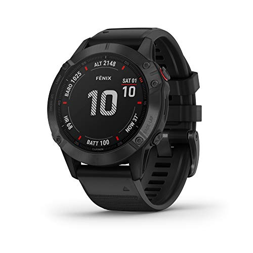 Garmin Fenix ​​6 Pro, reloj GPS multideporte definitivo, funciones de mapeo, música, monitoreo de ritmo ajustado por grado y sensores de pulso, negro con banda negra