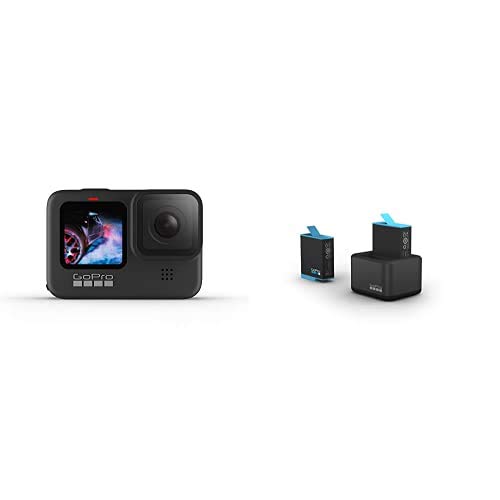 GoPro HERO9 Black - Cámara de acción Sumergible con Pantalla LCD Delantera y Pantalla táctil Trasera, sin Tarjeta + Cargador de batería Dual y batería
