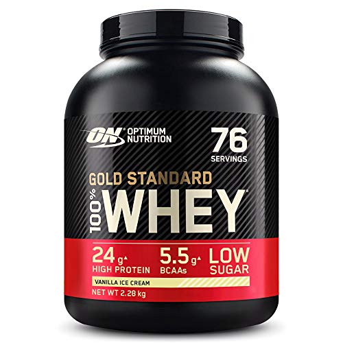 Optimum Nutrition Gold Standard 100% Whey Proteína en Polvo, Glutamina y Aminoácidos Naturales, BCAA, Helado de Vainilla, 76 Porciones, 2.28kg, (Embalaje Puede Variar)