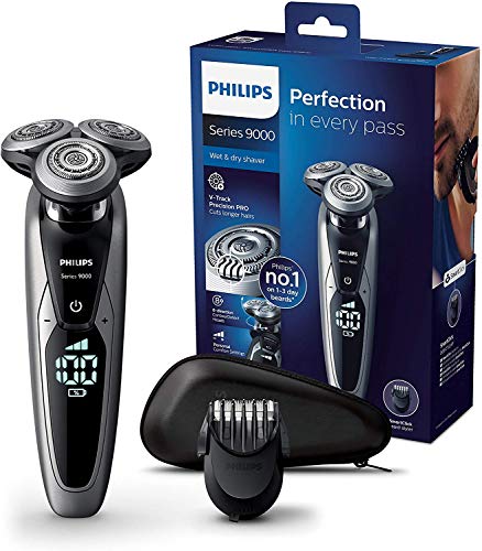 Philips Serie 9000 S9711/41 - Máquina de afeitar con cabezales de 8 direcciones, seco/húmedo y 3 modos, 60 min de batería incluye perfilador de barba con 5 posiciones y funda de viaje, plata (2 accesorios)
