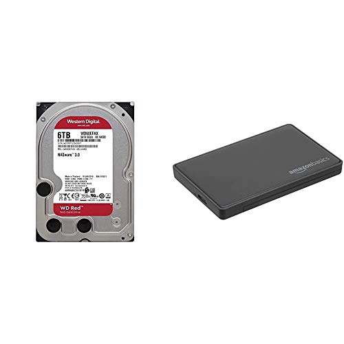 WD Elements Red 6TB Disco Duro Interno NAS 3.5&quot; - 5400 RPM, SATA 6 GB/s, SMR, 256MB Cache - WD60EFAX + Amazon Basics - Caja para Disco Duro SATA, 2,5 Pulgadas - USB 3.0