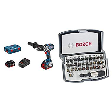 Bosch Professional 06019G0301 Taladro atornillador a batería con percusión 18 V, Azul + Bosch Professional - Set de 32 unidades para atornillar