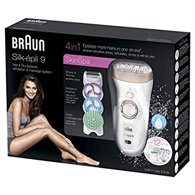 Braun Silk-épil 9 SkinSpa 9-961V - Depiladora para mujer eléctrica, sistema de exfoliación y cuidado de la piel 4 en 1 + 12 accesorios, oro rosa/blanco
