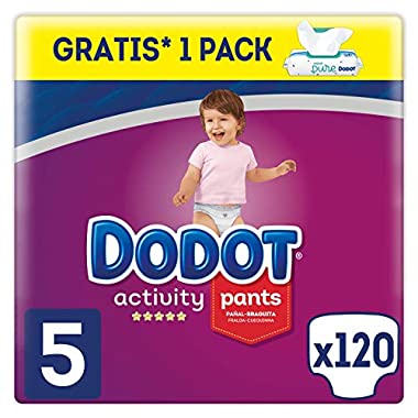 Dodot Activity Pants Pañal-Braguita, 12-17kg + Dodot Aqua Pure Toallitas para bebé, 1 Pack de 48 Toallitas Gratis, Talla 5, 120 Pañales