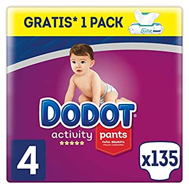 Dodot Activity Pants - Pañal-Braguita, 9-15kg + Dodot Aqua Pure Toallitas para bebé, 1 Pack de 48 Toallitas Gratis, Talla 4, 135 Pañales