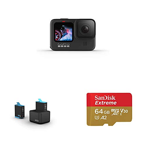 GoPro HERO9 Black - Cámara de acción + GoPro - Cargador de batería Dual y batería, Negro + SanDisk Extreme - Tarjeta de Memoria microSDXC de 64 GB con Adaptador SD