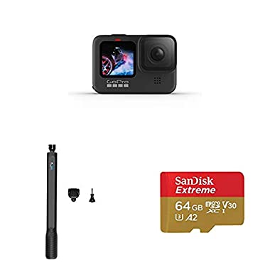 GoPro HERO9 Black - Cámara de acción + GoPro El Grande - Vara de Extensión, Negro + SanDisk Extreme - Tarjeta de Memoria microSDXC de 64 GB con Adaptador SD