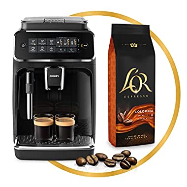 L'Or Espresso Café Grano Colombia 100% Arábica, 500 g + Philips Serie 3200 Cafetera automática - Espumador de Leche Clásico, 4 Variedades de Café, Pantalla Táctil Intuitiva, Negro Brillo