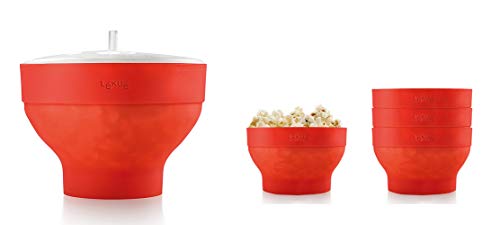 Lékué XL Popcorn - Set para microondas con un molde de silicona y 4 boles colapsables, color rojo