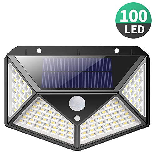 Luz Solar Exterior,iPosible [Versión Actualizada] 100 LED Foco Solar con Sensor de Movimiento Gran Ángulo 270º Impermeable Inalámbrico Lámpara Solar 3 Modos Inteligentes para Jardín,Garaje (100LED-1 Paquete)