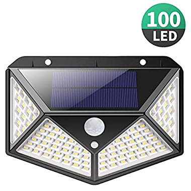 Luz Solar Exterior,iPosible [Versión Actualizada] 100 LED Foco Solar con Sensor de Movimiento Gran Ángulo 270º Impermeable Inalámbrico Lámpara Solar 3 Modos Inteligentes para Jardín,Garaje (100LED-1 Paquete)