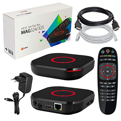mag 324 Original Infomir y HB-DIGITAL IPTV Kit Top Box Reproductor Multimedia Internet TV Receptor IP + Cable HDMI + Cable de conexión LAN