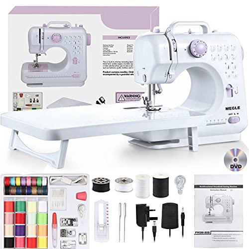 Máquina de coser para principiantes con DVD instructivo, manual de 5 idiomas, 52 piezas de accesorios, 12 puntadas, doble hilo de 2 velocidades, mesa de extensión, MEGLE FHSM-505