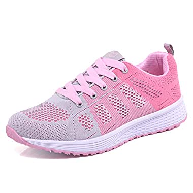Mujer Entrenador Zapatos Gimnasio Deportes atléticos Zapatillas de Deporte Malla Informal Zapatos para Caminar Encaje Plano Gris Pink EU 35