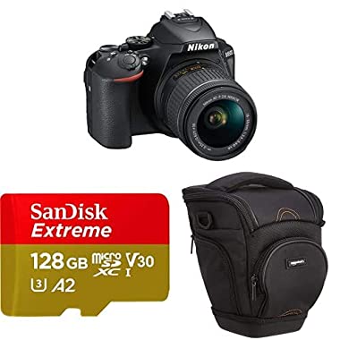 Nikon d5600 Cámara réflex Digital, Negro + SanDisk Extreme - Tarjeta de Memoria microSDXC de 128 GB con Adaptador SD, A2, hasta 160 MB/s + Amazon Basics - Funda para cámara de Fotos réflex