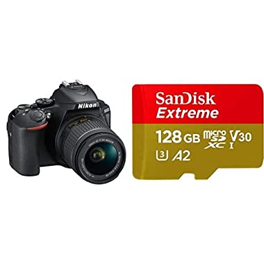 Nikon d5600 Cámara réflex Digital, Negro + SanDisk Extreme - Tarjeta de Memoria microSDXC de 128 GB con Adaptador SD, A2, hasta 160 MB/s, Class 10, U3 y V30