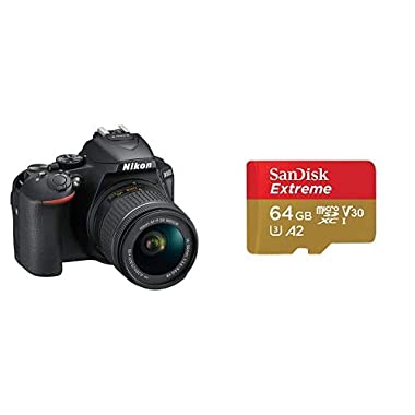 Nikon d5600 Cámara réflex Digital, Negro + SanDisk Extreme - Tarjeta de Memoria microSDXC de 64 GB con Adaptador SD, A2, hasta 160 MB/s, Class 10, U3 y V30