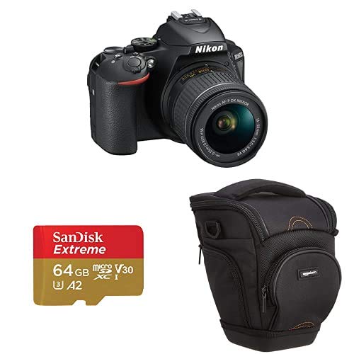 Nikon d5600 Cámara réflex Digital + SanDisk Extreme - Tarjeta de Memoria microSDXC de 64 GB con Adaptador SD, A2, hasta 160 MB/s + Amazon Basics - Funda para cámara de Fotos réflex