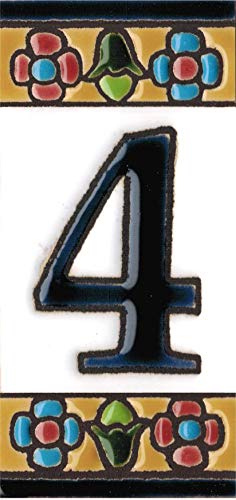 Números y letras para casas 3,5 x 7,5 cm. Pintados a mano con la técnica de la cuerda seca. Grabado y Ceramica Española (Número 4)