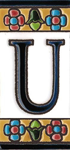 Números y letras para casas 3,5 x 7,5 cm. Pintados a mano con la técnica de la cuerda seca. Grabado y Ceramica Española (Letra U)