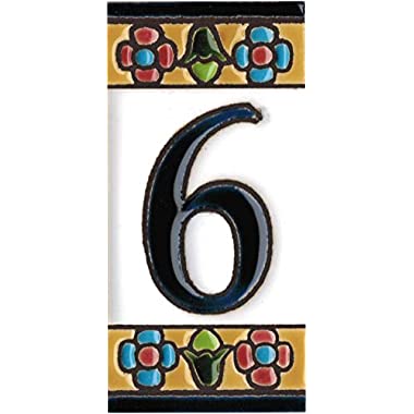 Números y letras para casas 3,5 x 7,5 cm. Pintados a mano con la técnica de la cuerda seca. Grabado y Ceramica Española (Número 6)