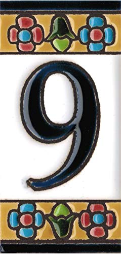Números y letras para casas 3,5 x 7,5 cm. Pintados a mano con la técnica de la cuerda seca. Grabado y Ceramica Española (Número 9)