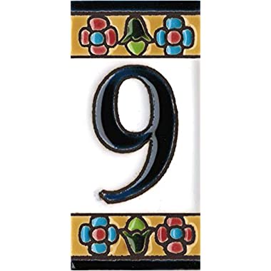Números y letras para casas 3,5 x 7,5 cm. Pintados a mano con la técnica de la cuerda seca. Grabado y Ceramica Española (Número 9)
