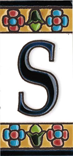 Números y letras para casas 3,5 x 7,5 cm. Pintados a mano con la técnica de la cuerda seca. Grabado y Ceramica Española (Letra S)