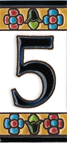 Números y letras para casas 3,5 x 7,5 cm. Pintados a mano con la técnica de la cuerda seca. Grabado y Ceramica Española (Número 5)