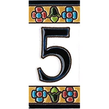 Números y letras para casas 3,5 x 7,5 cm. Pintados a mano con la técnica de la cuerda seca. Grabado y Ceramica Española (Número 5)