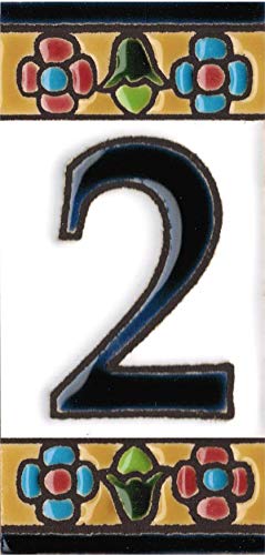 Números y letras para casas 3,5 x 7,5 cm. Pintados a mano con la técnica de la cuerda seca. Grabado y Ceramica Española (Numero 2)