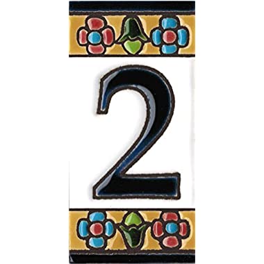 Números y letras para casas 3,5 x 7,5 cm. Pintados a mano con la técnica de la cuerda seca. Grabado y Ceramica Española (Numero 2)