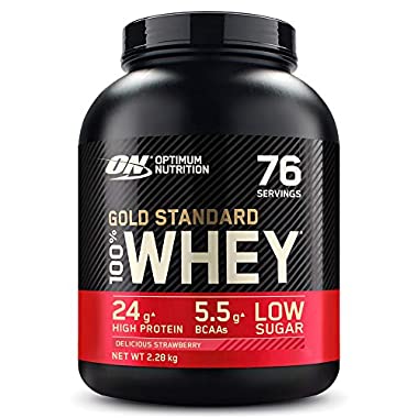 Optimum Nutrition Gold Standard 100% Whey Proteína en Polvo, Glutamina y Aminoácidos Naturales, BCAA, Fresa Deliciosa, 76 Porciones, 2.28kg, Embalaje Puede Variar