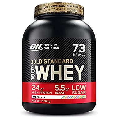 Optimum Nutrition Gold Standard 100% Whey Proteína en Polvo, Glutamina y Aminoácidos Naturales, BCAA, Leche con Cereales, 73 Porciones, 2.26 kg, Embalaje Puede Variar