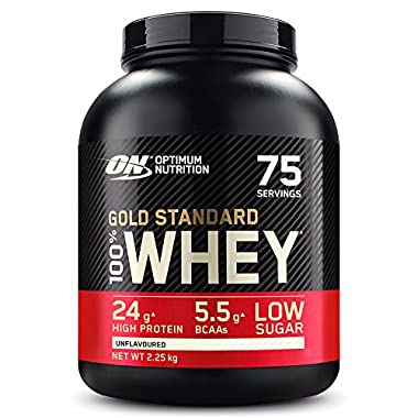 Optimum Nutrition Gold Standard 100% Whey Proteína en Polvo, Glutamina y Aminoácidos Naturales, BCAA, Sin Sabor, 75 Porciones, 2.25kg, Embalaje Puede Variar