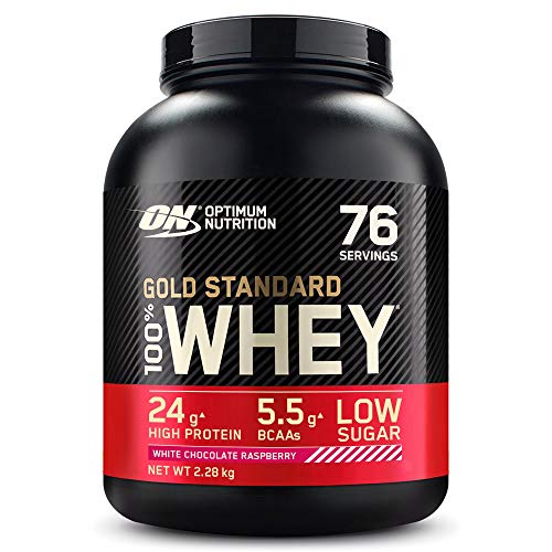 Optimum Nutrition Gold Standard 100% Whey Proteína en Polvo, Glutamina y Aminoácidos Naturales, BCAA, Chocolate Blanco y Frambuesa, 76 Porciones, 2.28kg, (Embalaje Puede Variar)