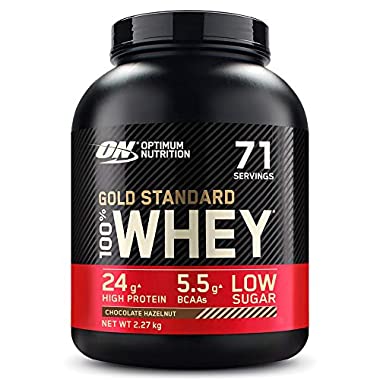Optimum Nutrition Gold Standard 100% Whey Proteína en Polvo, Glutamina y Aminoácidos Naturales, BCAA, Chocolate y Avellana, 71 Porciones, 2.27kg, (Embalaje Puede Variar)
