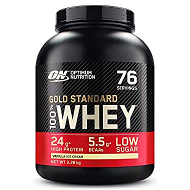 Optimum Nutrition Gold Standard 100% Whey Proteína en Polvo, Glutamina y Aminoácidos Naturales, BCAA, Helado de Vainilla, 76 Porciones, 2.28kg, (Embalaje Puede Variar)