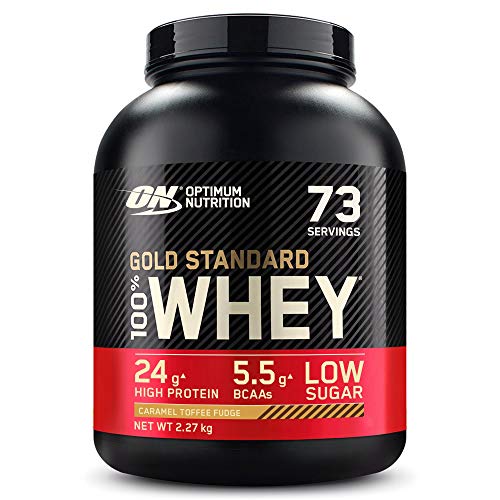 Optimum Nutrition Gold Standard 100% Whey Proteína en Polvo, Glutamina y Aminoácidos Naturales, BCAA, Toffee Fudge de Caramelo, 73 Porciones, 2.27kg, Embalaje Puede Variar
