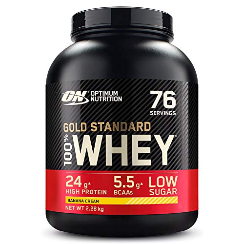 Optimum Nutrition Gold Standard 100% Whey Proteína en Polvo, Glutamina y Aminoácidos Naturales, BCAA, Crema de Plátano, 76 Porciones, 2.28kg, Embalaje Puede Variar