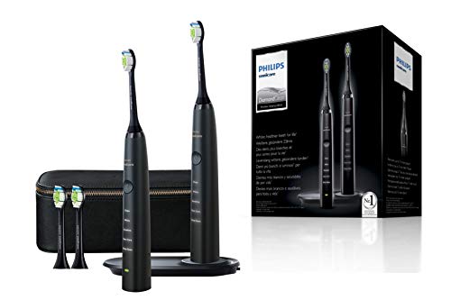 Philips Sonicare DiamondClean HX9394/92 - Pack 2 cepillos de dientes eléctricos recargables, 5 modos, 4 cabezales, plataforma de carga QI, estuche de viaje de piel, Color Negro