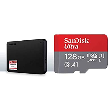 Toshiba Canvio Basics, Disco Duro, 1, Negro + SanDisk SDSQUA4-128G-GN6MA - Ultra Tarjeta de Memoria microSDXC con Adaptador SD, hasta 120 MB/s, Rendimiento de apps A1, Clase 10, 128 GB, Rojo/Gris